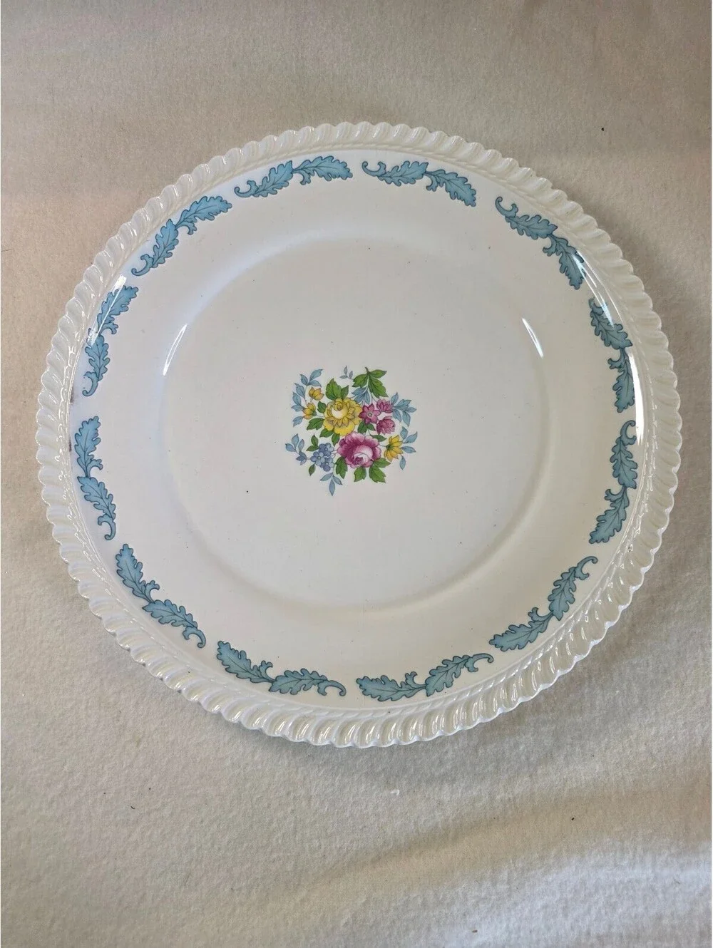 Vintage Harkerware Dinner Plate Blue Leaves Floral Center 10.25” USA